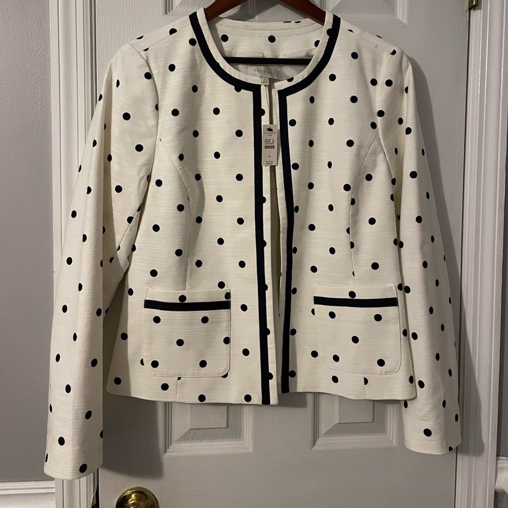 Women’s cream blazer with blue polka dots - size 12- talbots - BRAND NEW!